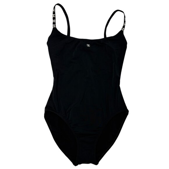 CHANEL Vintage 97P CC Mark Logo Swimwear Swimsuit #38 Black White Nylon [106325] - Picture 1 of 11
